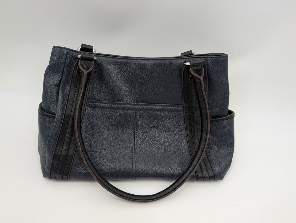 Tignanello Leather Navy Black Shoulder Bag Pockets Career Office Work Preppy